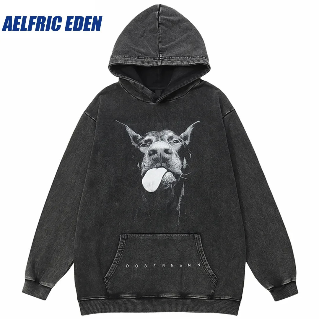 

Aelfric Eden Funny Doberman Dog Graphic Hoodie Streetwear Hip Hop Oversized Hoodie Sweatshirt Retro Washed Black Cotton Hooded