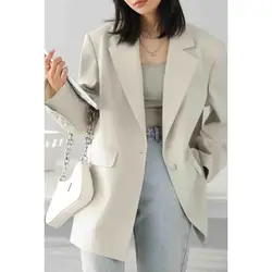 Chique Ven Koreaanse Damesblazer Zwart Effen Casual Losse Wijde Schouder Ovecoat Office Lady Tops Woman Jasje Lente Herfst 2023