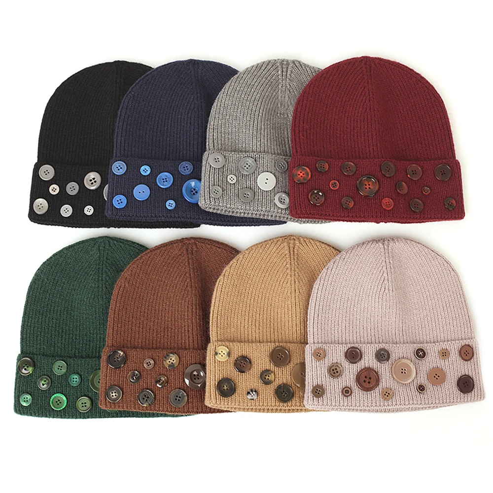 

Trendy DIY Button Brimless Hat Autumn Elegant Women Cotton Comfortable Beanies Hats Autumn Solid Color Skullies Cap Bonnet