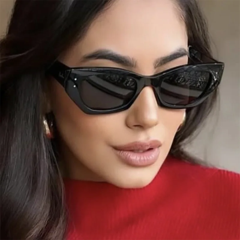 Narrow Cat Eye Sunglasses for Women Multi Color Options Rivet Decor Frame Mixed Color Lens UV400 Resistant Y2K Trendy Outdoor