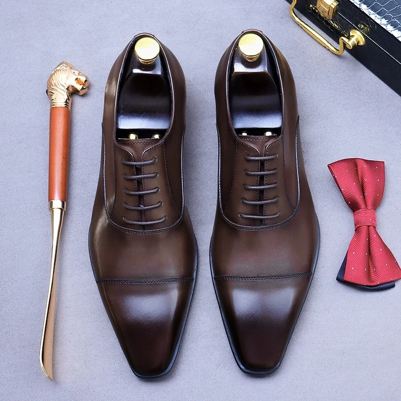 Elegant Genuine Leather Oxford Shoes Top Layer Cowhide Triple Joint Stylish Lace Up Men Dress Wedding Shoes