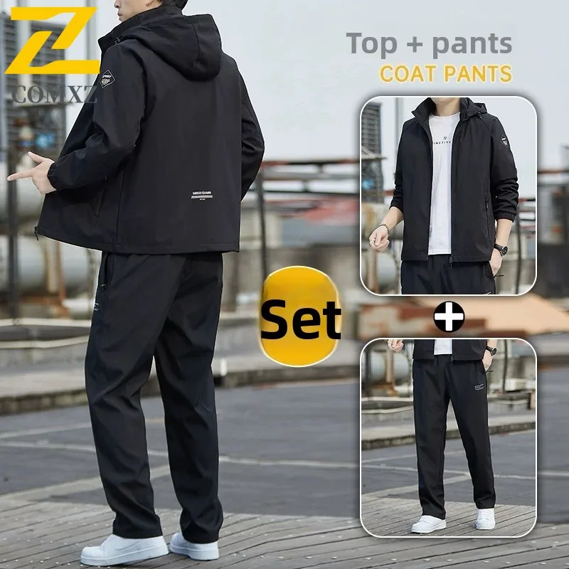 

2025 Fashion Tracksuit Sets Men's Spring Autumn Jogging Hiking Windproof Jacket+Trousers Suit Men Youth Work Clothes 2 piece Set