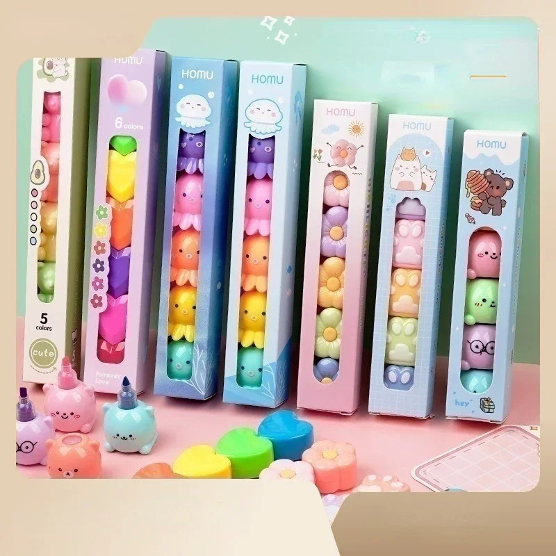 

1PCS Creative Kawaii Cartoon Burger Bear Splicing Fluorescent Pen Macaron Color Splicing Highlighter Student Line Color Marker