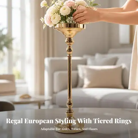 Gold Pedestal Vase for Wedding Decoration Luxury Iron Centerpiece Bowl with Ringed Column for Parties