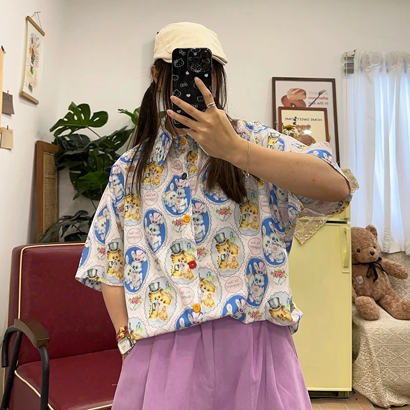 

Homemade Vintage Cute Cat Showa Print Hong Kong Style Yappy Short Sleeve Shirts Summer