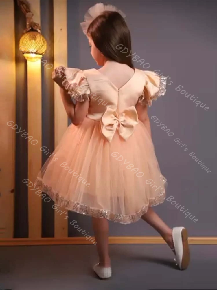 반짝이 소녀 파티 가운 짧은 소매 무릎 길이 플라워 걸 드레스 웨딩용 스팽글 밑단 공주 대회 드레스 맞춤 제작