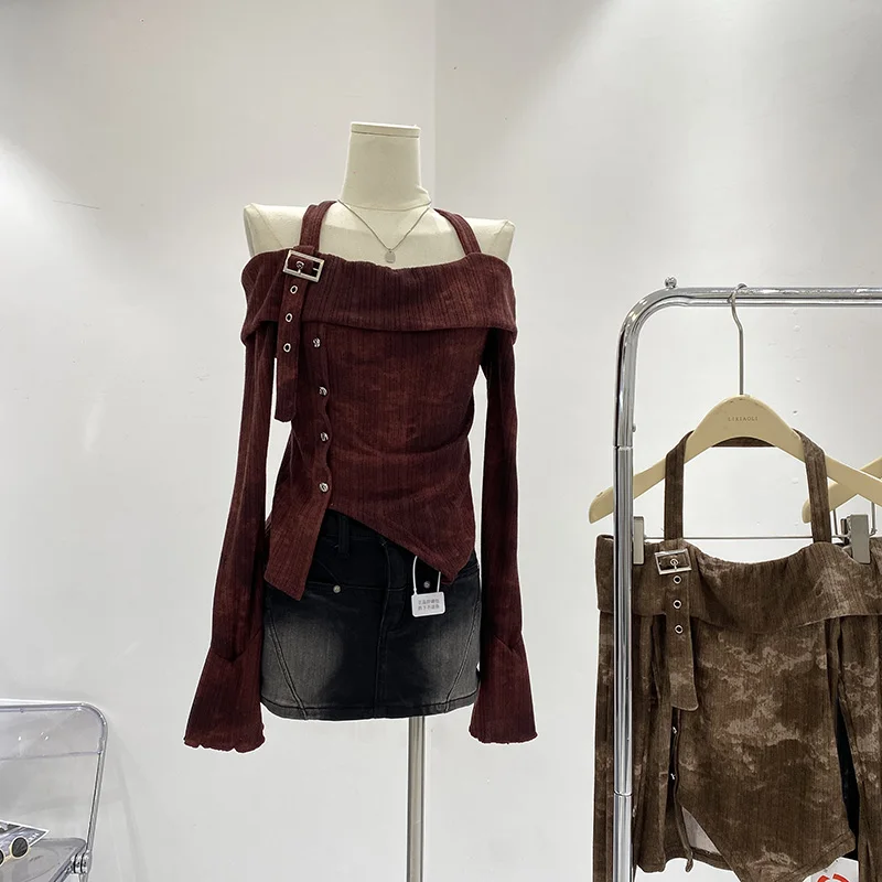 Amerikan Baharatlı Kız Asılı Boyun Kapalı Omuz Uzun Kollu Tişört bahar uzun kollu elbise Ince Kısa Tees Kadın Üstleri