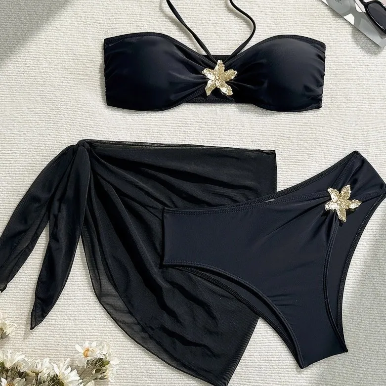 Women 3Pcs White Bikini Set with Cover Up Skirt Gold Starfish Beaded Halter Bandeau Swimsuit Beachwear Bathing Suit