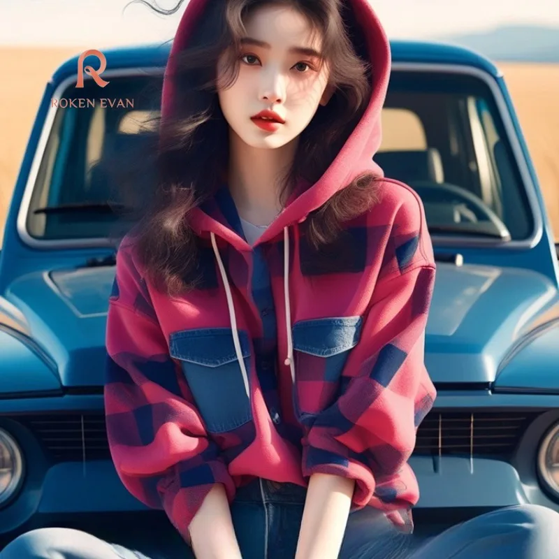 

ROKEN EVAN 2024 Autumn Cool Design Red Plaid Hoodie Korean Retro for Women Pullover Blusa Feminina Tops Winter Clothes Women