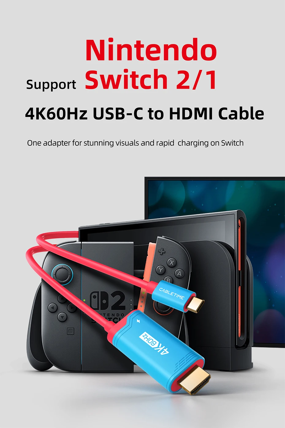 CABLETIME USB-C zu HDMI Kabel 4K144Hz PD 100W Typ-C zu HDMI Kabeladapter Perfekt für Switch 2/1 OLED PS4/5 Nintendo – Detail 16