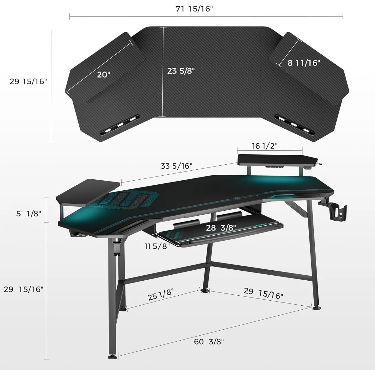 Ergonomisch Gamingbureau Met Ledverlichting, 72 "Groot Vleugelvormig Studiobureau Met Toetsenbordlade, Computertafel Met Monitorstandaard Dual