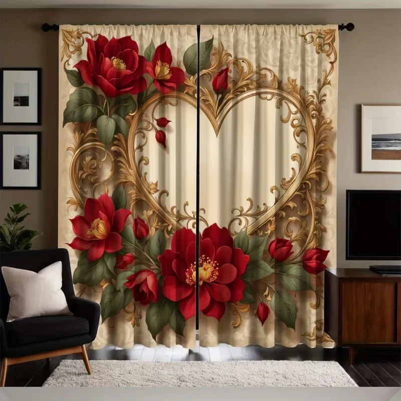 2PC Red Rose Heart Gold Frame Curtains Light Filtering Romantic Valentine's Home Window Drapes for Bedroom Living Room