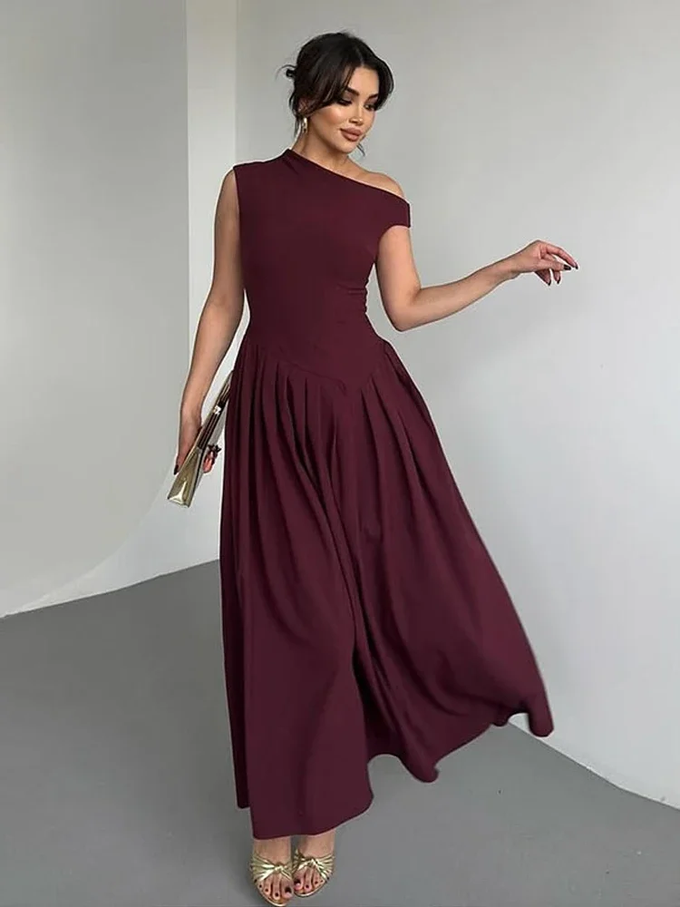 

Dress Women Loose Skew Collar Sleeveless A Line Robe Female 2025 Spring Summer Solid Fashion High Waist Dress Lady