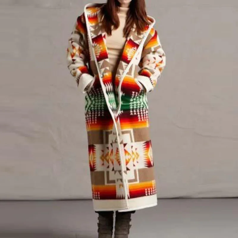 

Womens Fashion Ethnic Style Boho Printed Hooded Long Coat Loose Outwear Match Colors Plus Size S-5XL