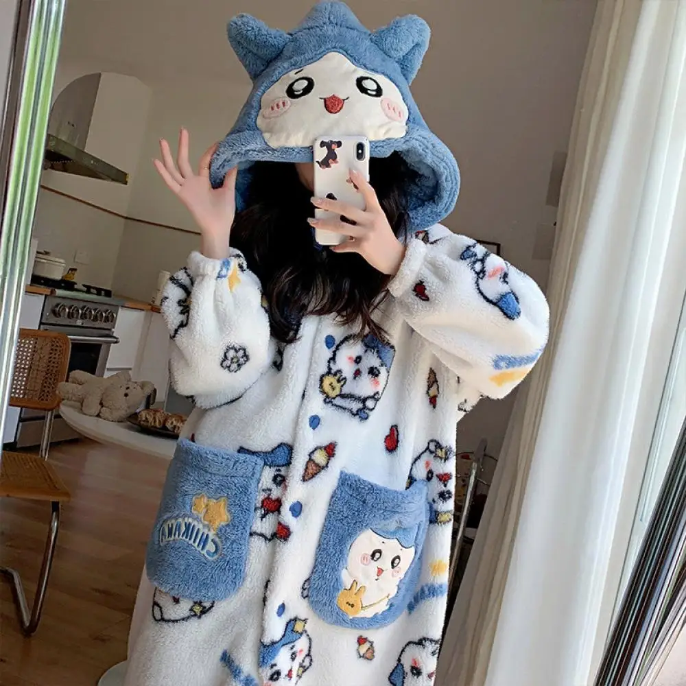 

Kawaii Chiikawa Women 2Pcs Plush Pajamas Set Coral Velvet Winter Long Velvet Thickened Bathrobe Cat Hooded Plush Home Clothes