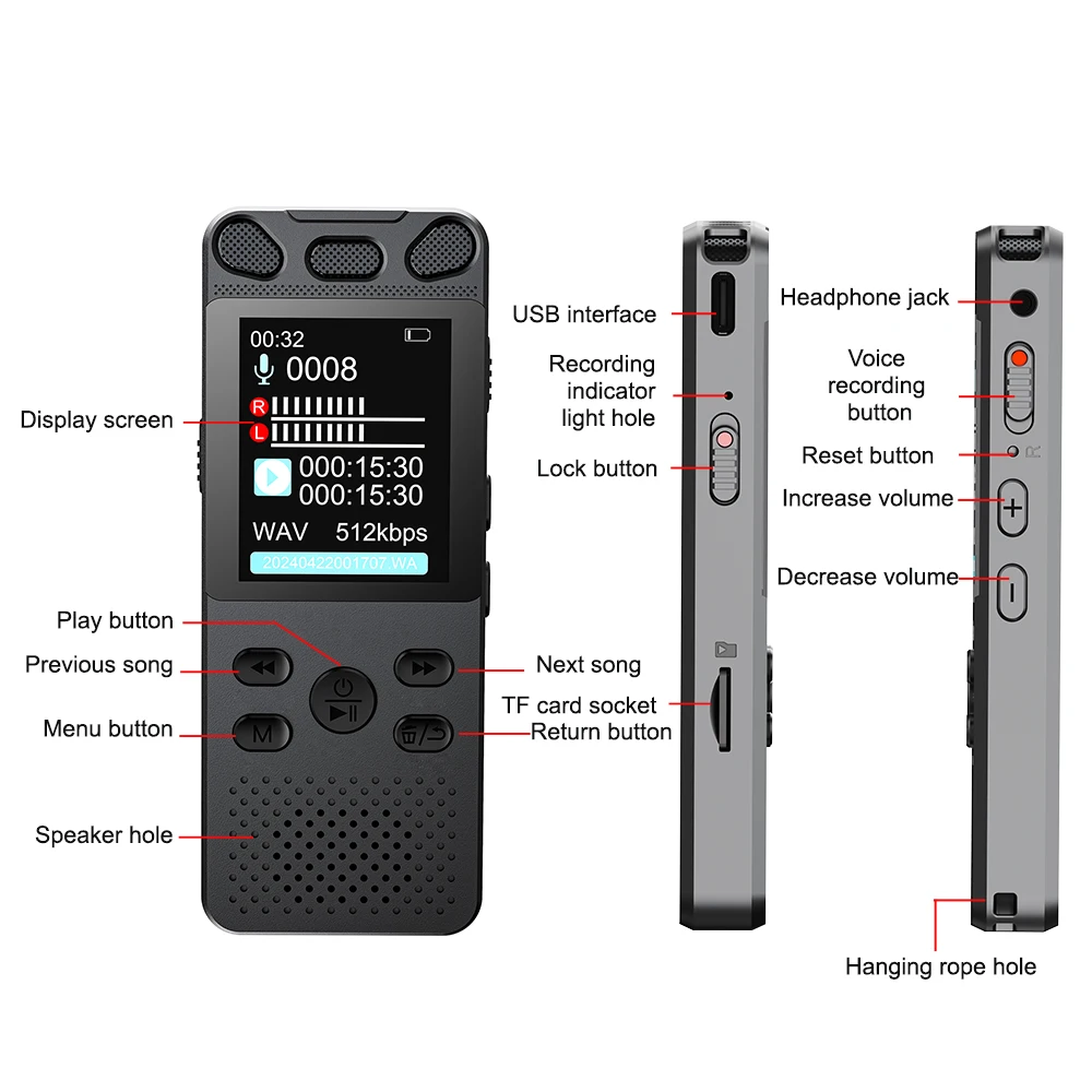 Vandlion V71 One-key Operation Voice Activated Digital Audio Voice Recorder 16GB 32GB USB Record Non-Stop 120Hours Noise Reduce