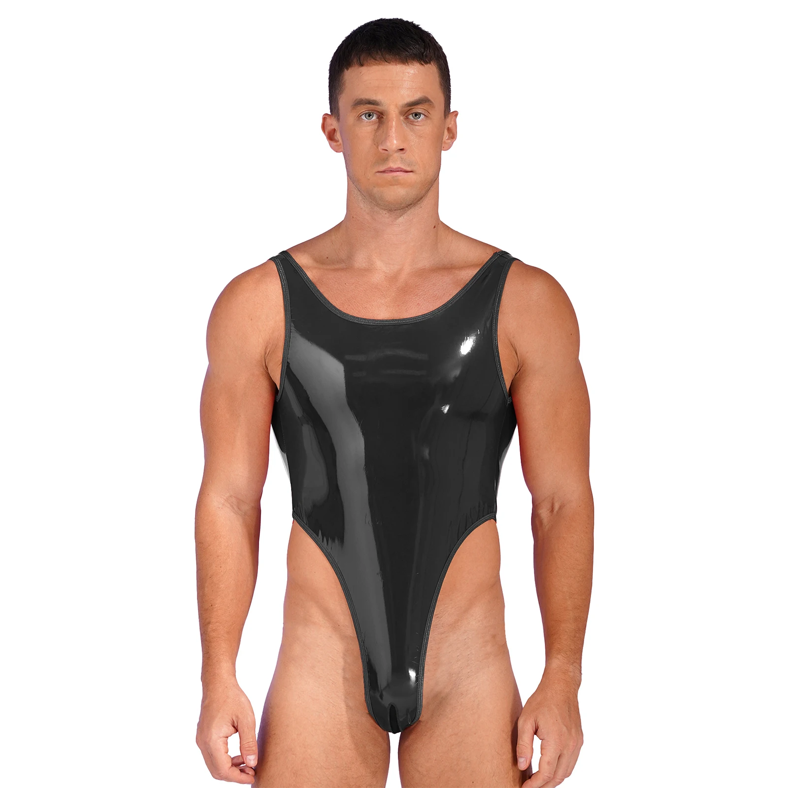 Mens Patent Leather High Cut Bodysuit Pole Dancing Rave Outfit Stage Performance Costume Wet Look Backless Leotard Clubwear