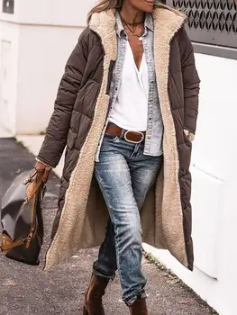 女士冬季連帽絎縫外套,純色雙面長袖加厚外套,保暖時尚長外套,休閒羽絨服 10 最佳銷售 女士冬季外套 - №9