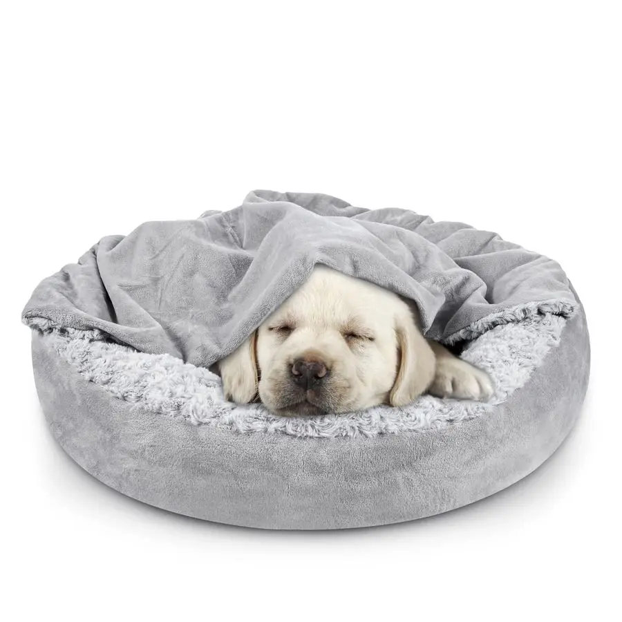 

Small Dog Bed Cat Bed with Hooded Blanket, Cozy Cuddler Luxury Puppy Pet Bed, Donut Round Calming AntiAnxiety Dog Burrow Cave Be
