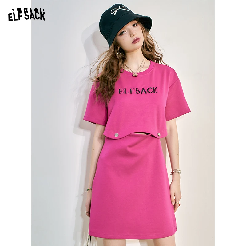 ELFSACK 2024 Summer New Detachable Letter Printed T-shirt Dress Women's Casual Design Feeling Skirt