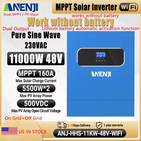 ANENJI 11KW 48V Hybrid Solar Inverter 24V 6.2KW 4.2KW 230VDC Pure Sine Wave On Grid+Off Grid 160A 120A Solar Charger PV 500VDC