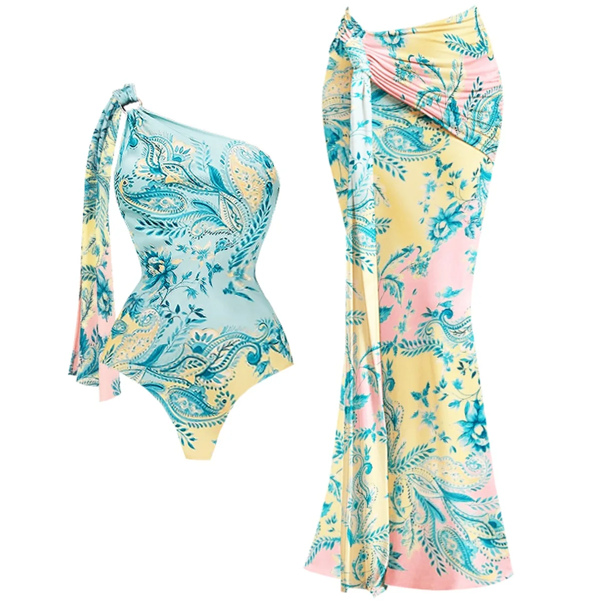 2Pcs Schulter Badeanzug Mit Langen Rock Sexy Frauen Bikini Gedruckt Bademode Push-Up Biquini Weiblichen Badeanzug Bademode