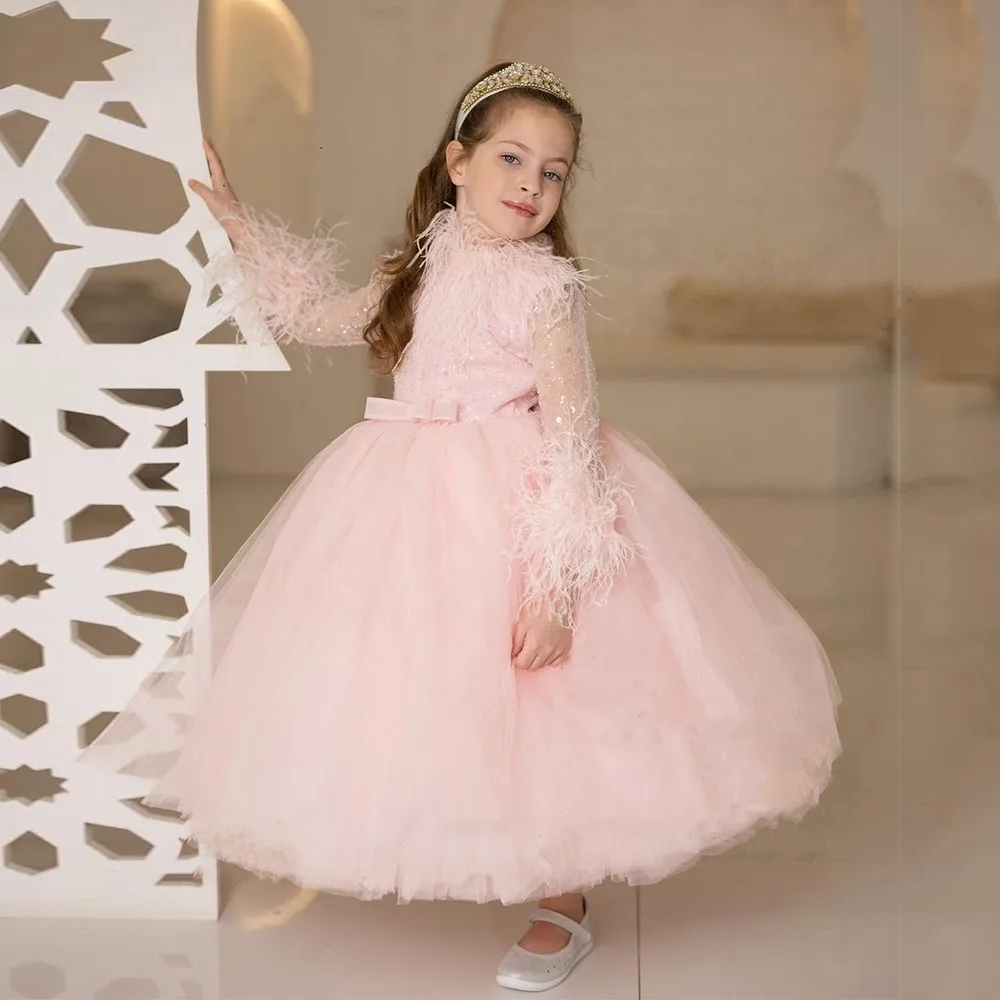 

Sparking Pink Flower Girl Dresses Full Sleeve Sequined Feather Kid Birthday Party Gowns Christmas Dress