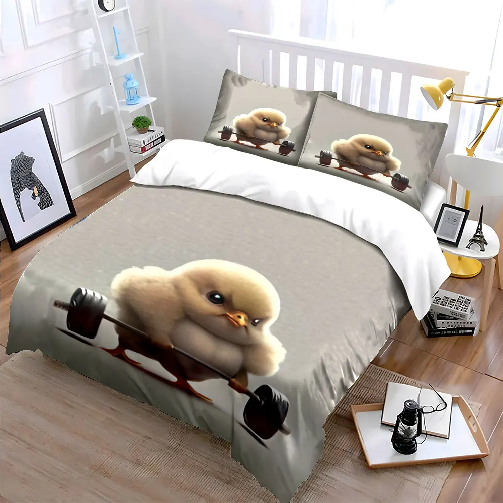 Chick lifting weights for strength Pattern Duvet Cover Set Digital Print Colorful Polyester Bedding with Zipper Closur for gifts