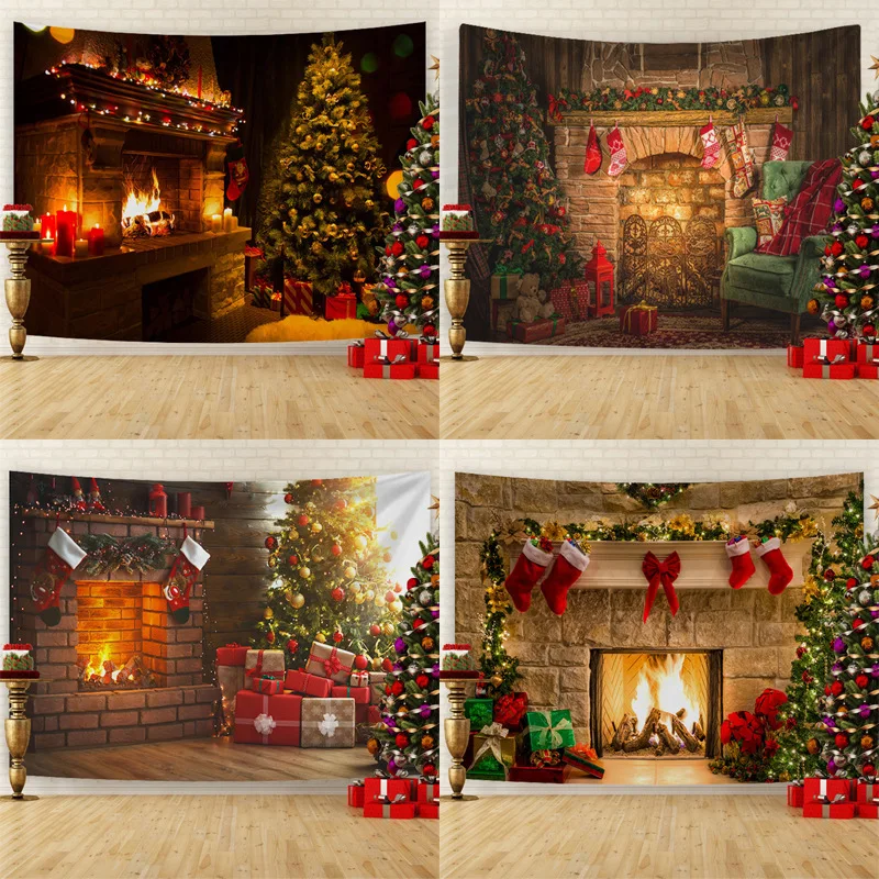 VIKAMA Christmas Fireplace Scene Wall Tapestry Xmas Stocking Gift Tree Wall Hanging Backdrop for Holiday Home Decoration
