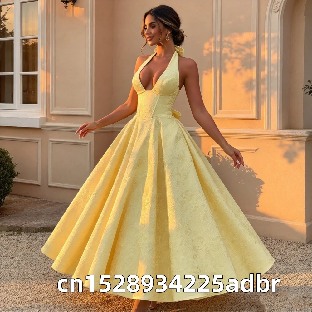Evening Party Dresses Women Summer Sexy Bow Halter Long Dress Elegant Jacquard Lace Up Backless Birthday Robe