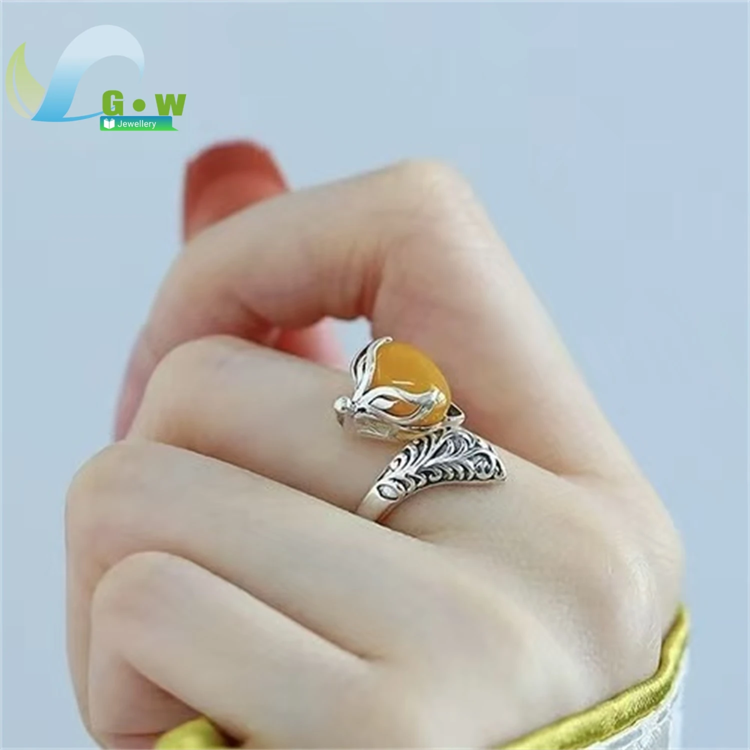 Vintage Amber Fox Ring Open Adjustable Band Women Ethnic Style Unique Design Gemstone Finger Jewelry High End Boho Charm Gift