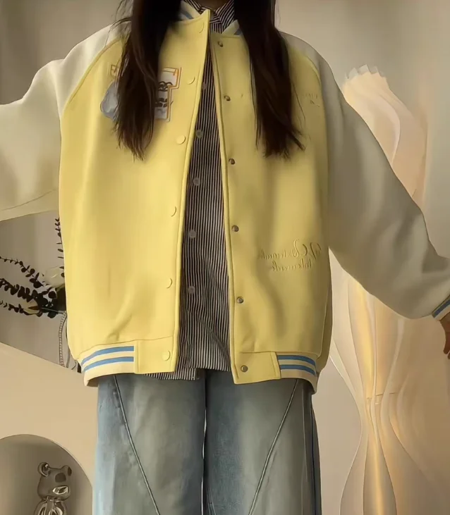 Spring and AutumnAmerican High Street Cat Embroidery Baseball Jacket for Women Loose Casual Versatile Yellow Jacket