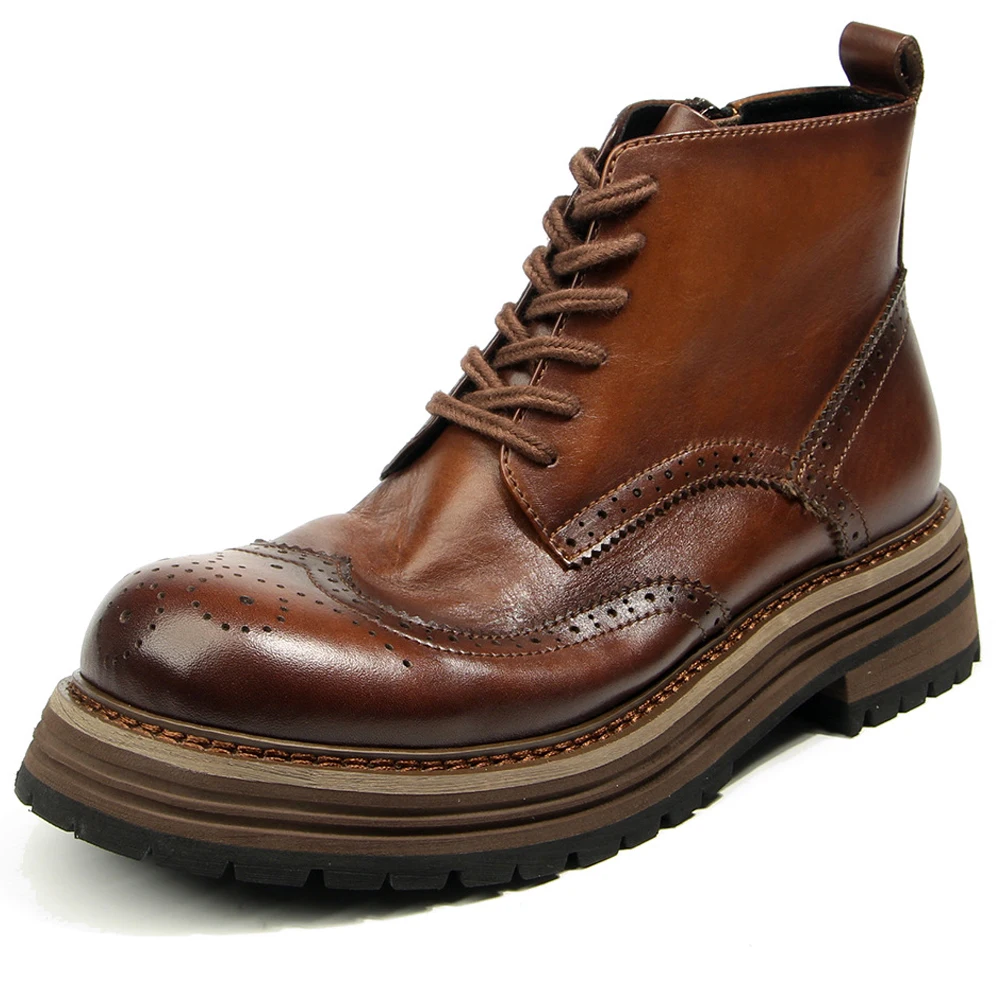 

New Genuine Leather Men Brogues shoes Leather Boots Cowhide Motorcycle Boots Male shoes Adult handmade Ankle Boots formal shoes