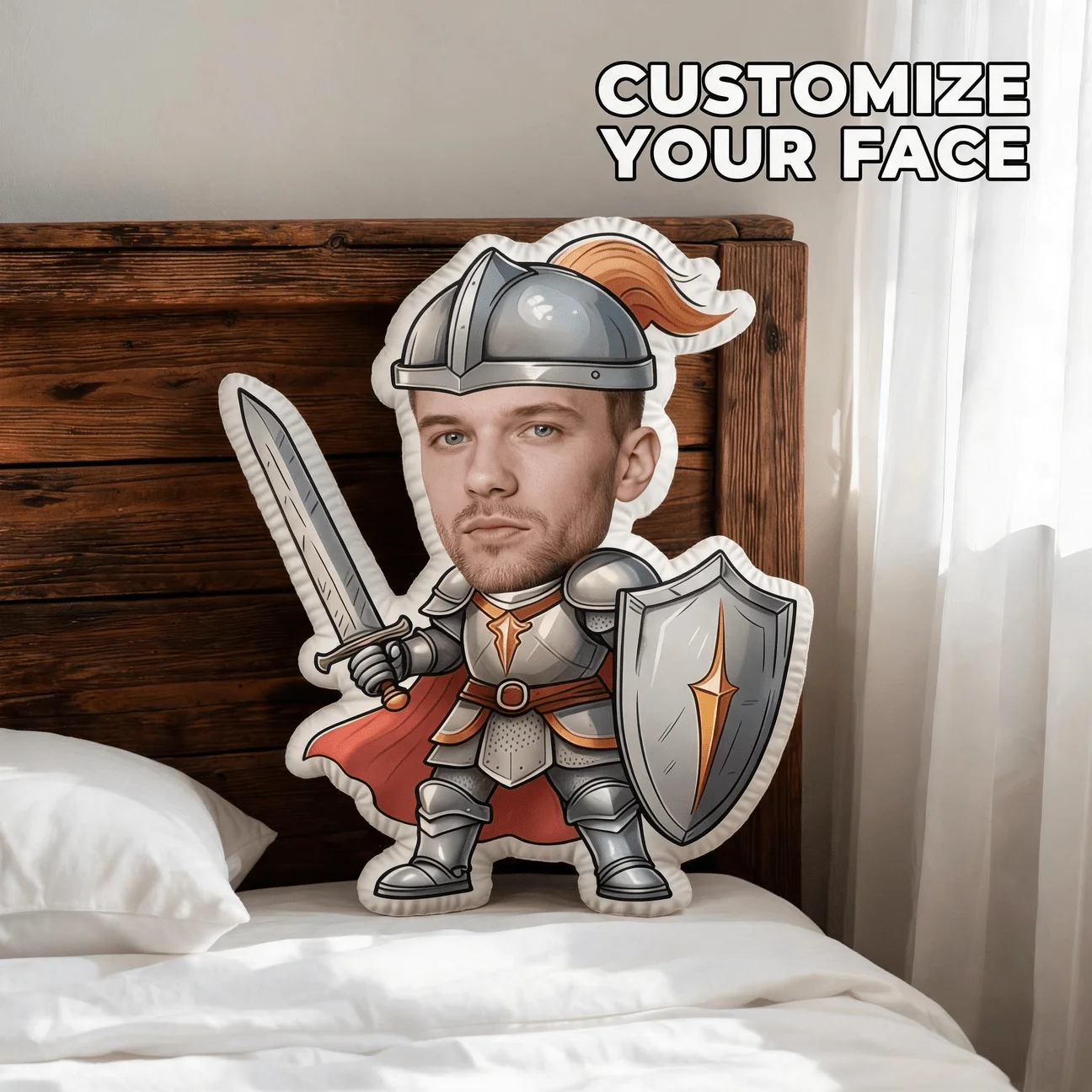 Custom Photo Knight Warrior Shaped Pillow, Personalized Face in Armor with Sword And Shield Decorative Cushion, Unique Home Deco