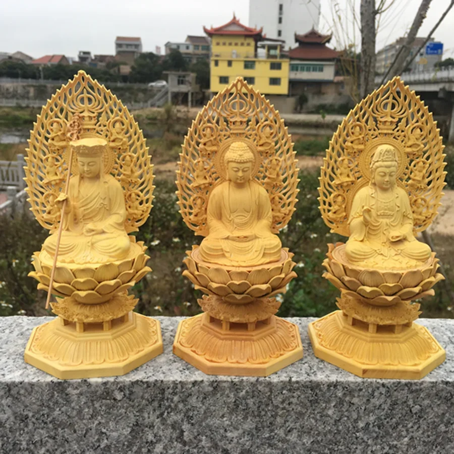 A set 3P HOME Company safety health LUCKY Efficacious protection Guanyin ksitigarbha Dizang Sakyamuni buddha wood carving statue