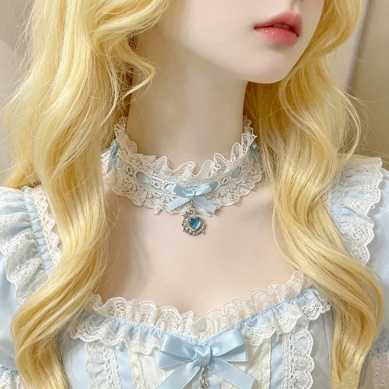 Lolita Anime Bow Heart  Lace Ruffle Choker Necklace Collarbone Chain Neck Collar Accessories Cute Elegant Gothic Lolita Jewelry