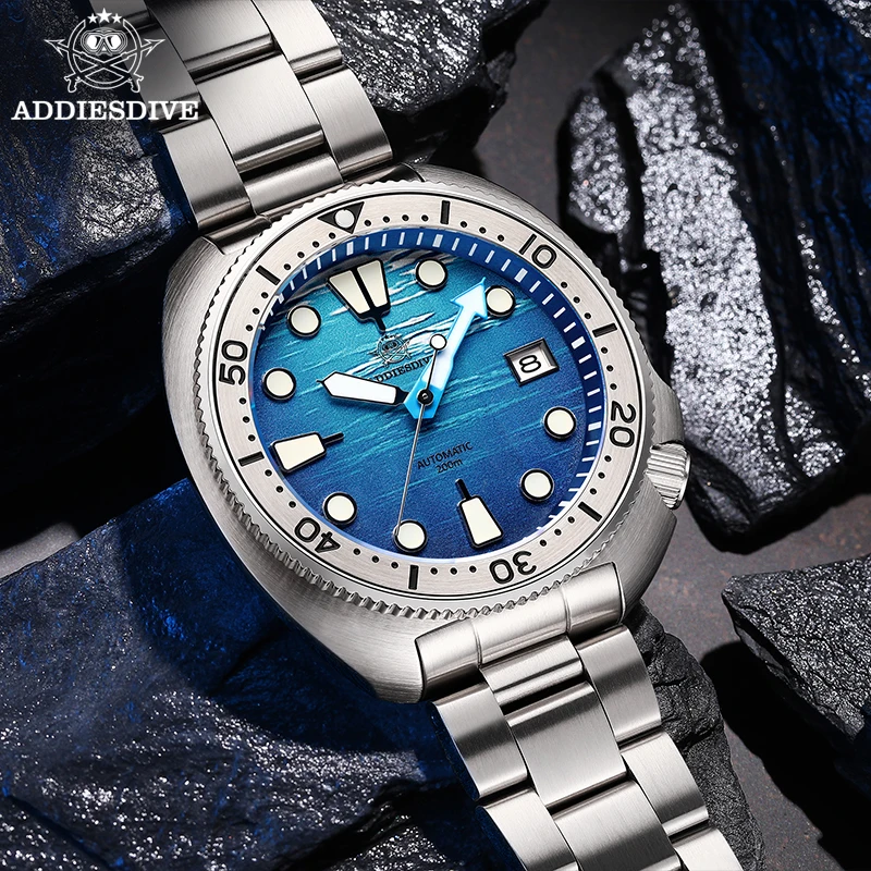 ADDIESDIVE Automatic Watch Men Sapphire NH35 Mechanical 200m Waterproof Dive Wristwatch Stainess Steel BGW9 Luminous Steel Bezel