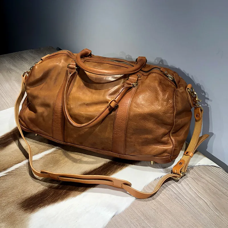 Borsa da viaggio di grande capacità da uomo in vera pelle naturale di lusso Vintage weekend outdoor soft vera pelle bovina grande borsa da viaggio giovanile