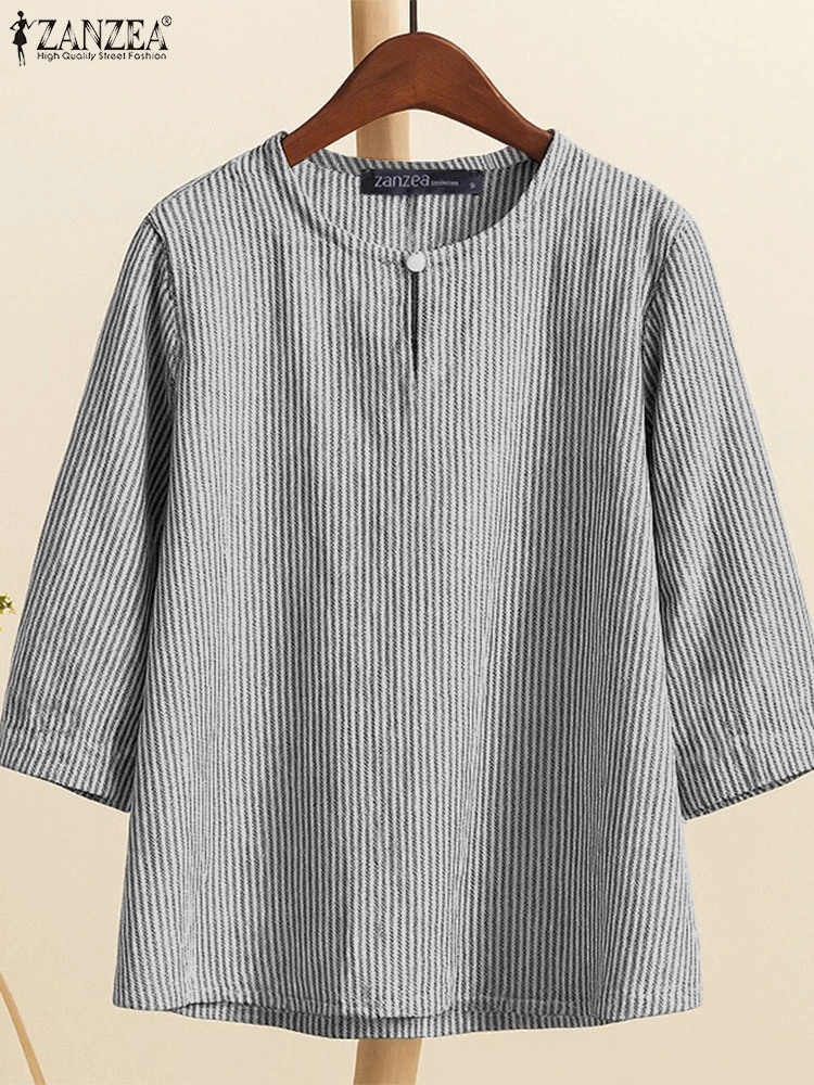 2025 ZANZEA Autunno Camicetta a righe Donna Camicie da lavoro eleganti Casual Scollo a V Camicia a maniche 3/4 O Collo Allentato Magliette e camicette Blusas Mujer Femme