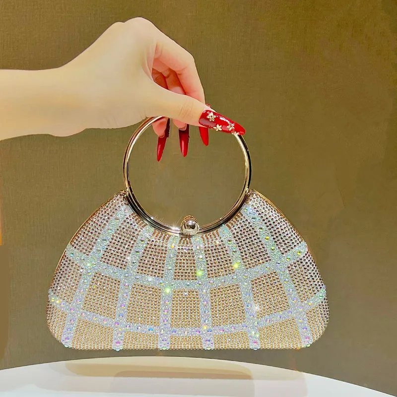 

2025 Luxury Shiny Rhinestone Evening Clutch Bag High End Trendy Full Diamond Metal Handle Handbag Women Wedding Dinner Dress Bag