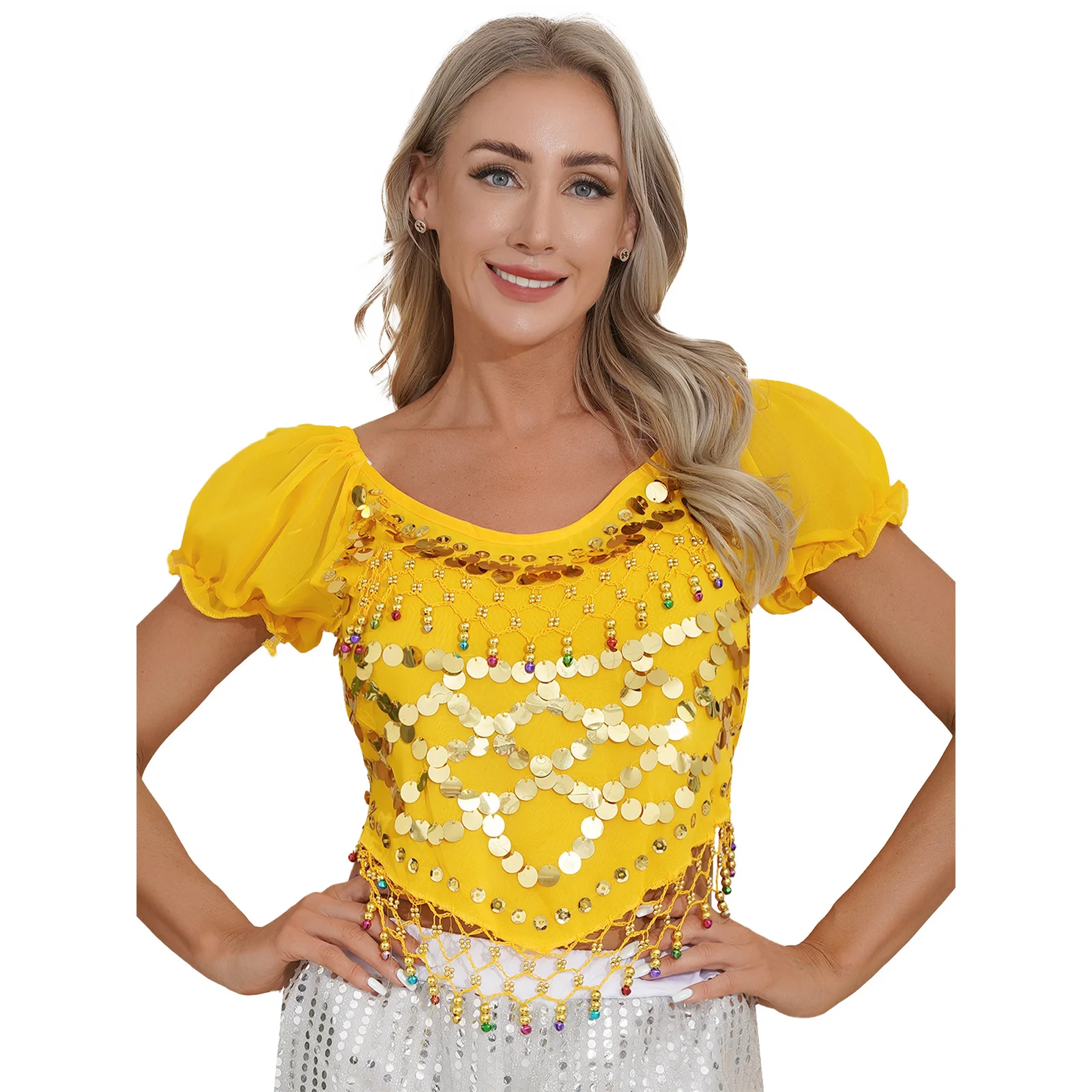 Womens Sequined Bellydancing Wear Oriental Belly Dance Tops Costumes Plastic Beaded Irregular Hem Crop Top Lace-Up Back Tops