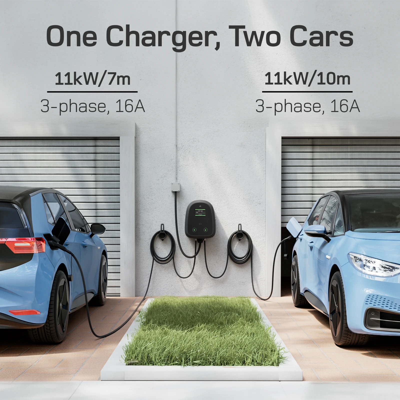 dé شاحن مزدوج Wallbox 11kW X 2 EV مع كابل 7m و10m من النوع 2 3-Phase 6A-32A App OCPP RFID للتحكم في بطاقة التحميل الديناميكي