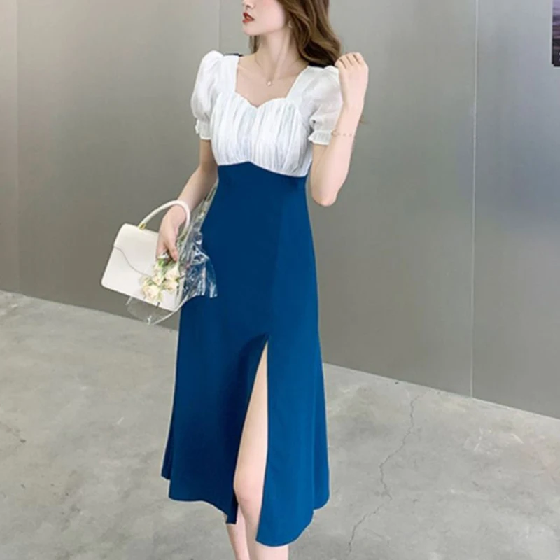 Summer Square Collar Folds Elegant Fashion Slit Dress Ladies Puff Short Sleeve Patchwork Waist Robe Women Sweet Casual Vestidos