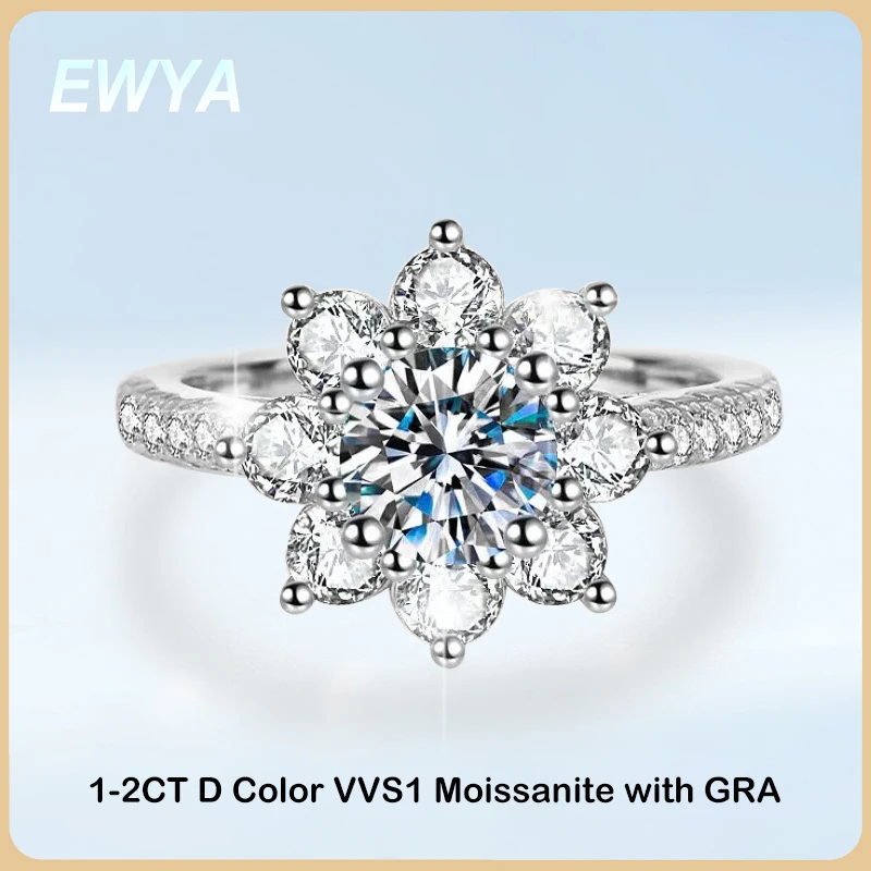 EWYA GRA Certified 1-2CT Sunflower Moissanite Diamond Ring for Women S925 Sterling Silver 18K White Gold Plated Wedding Band