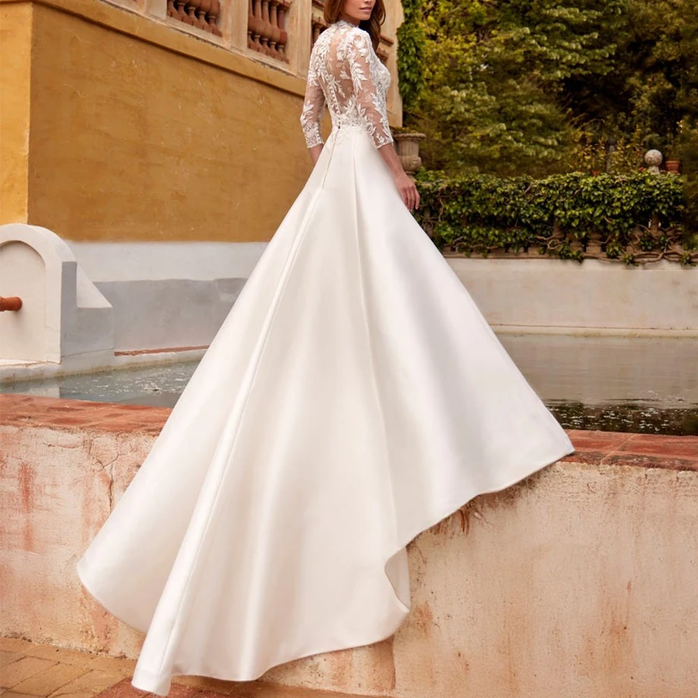 Elegante trouwjurk met hoge hals en driekwart mouwen Appliqué Tule Illusie Bruid Aangepaste Sweep/Brush train فسات • • Byd