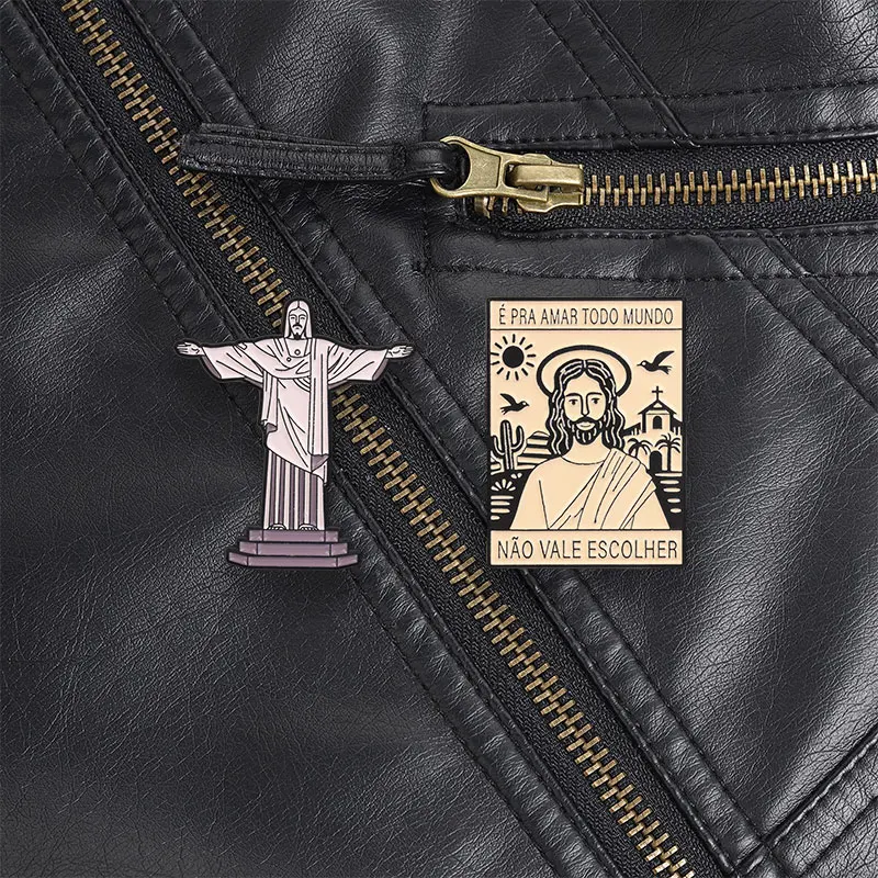 Jesus with Sun Birds Cactus Enamel Pin Retro Religious Brooch for Christian Faith and Brazilian Folk Art Style