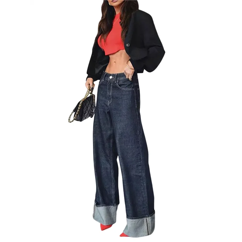 CYL-dames vintage denim set reversjas met lange mouwen en hoge taille jeans met wijde pijpen, tweedelige outfit