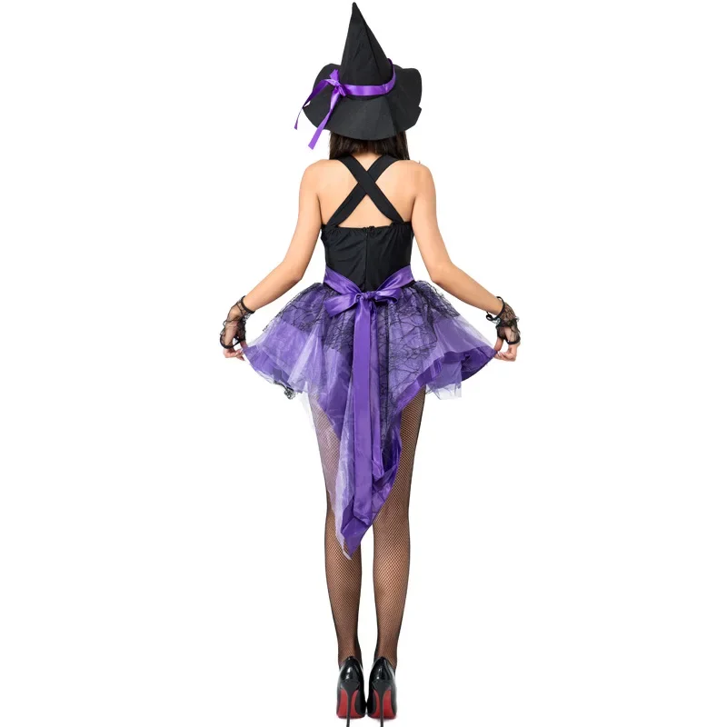 Halloween Adult Black Purple Mixed Witch Clothes Maxi Dress Slim Cosplay Classic Shiny Short Skirt Dance Costume