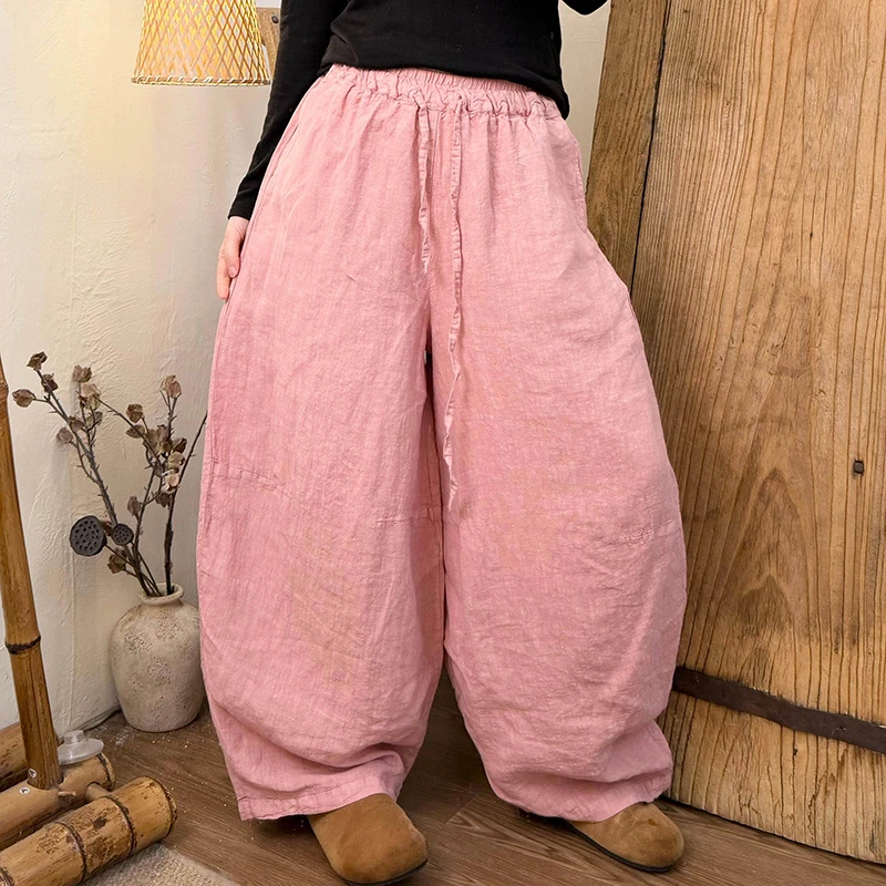 2026 New Spring Women All-matched High-quality Cotton Linen Ankle-length Pants Casual Loose Elastic Waist Wide Leg Pants H159