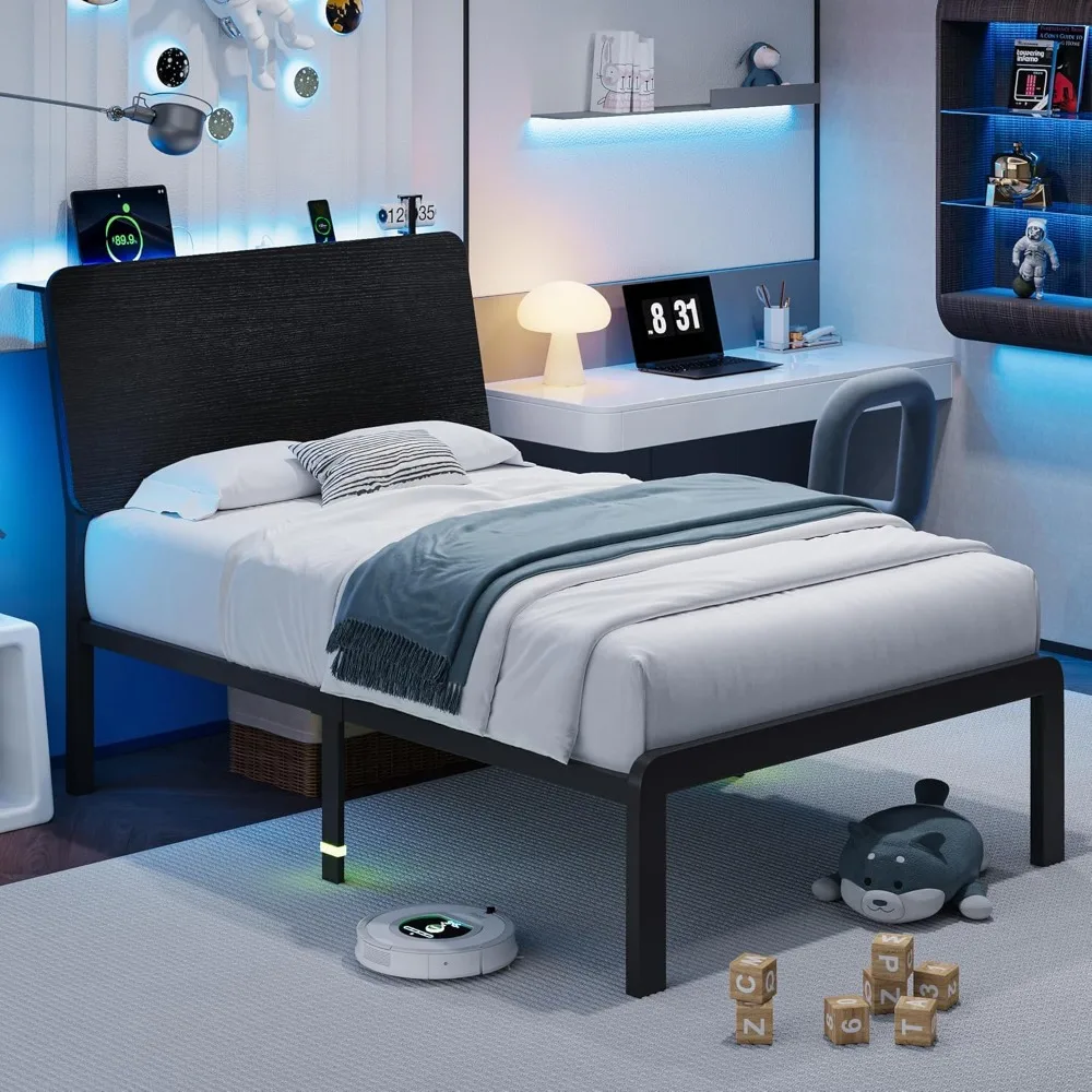 

Bed with Ergonomic Wooden Headboard, Platform Beds with LED Lights and Charging Station, Sturdy Steel Slats Supports